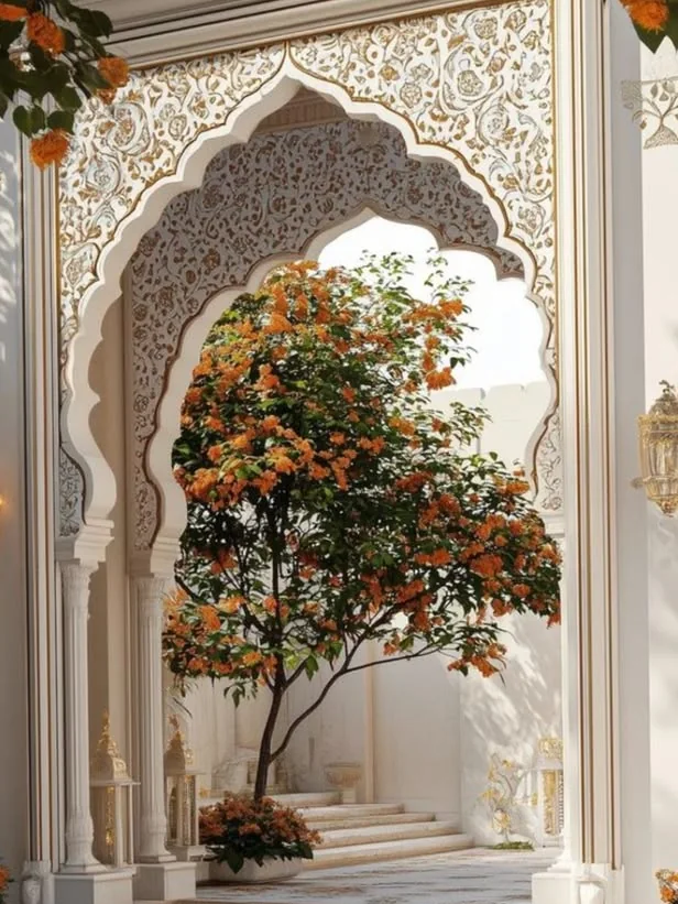 Un arbre en fleurs orangées sous une arche sculptée blanche et or